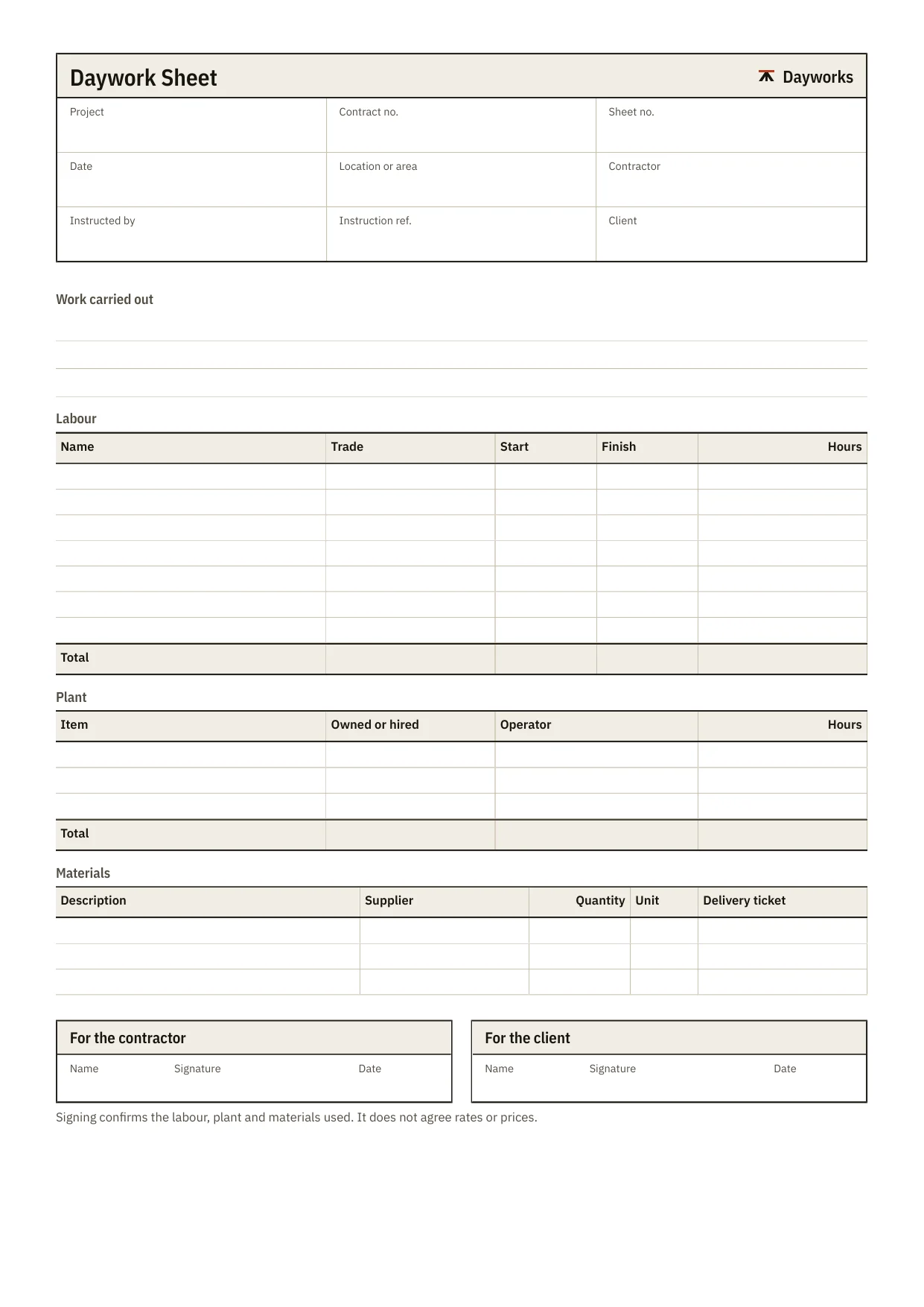 The blank daywork sheet template.