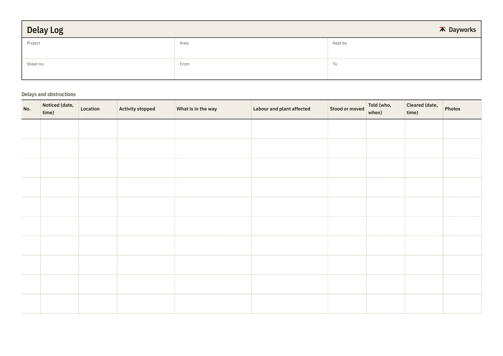 The first page of the blank delay log template.