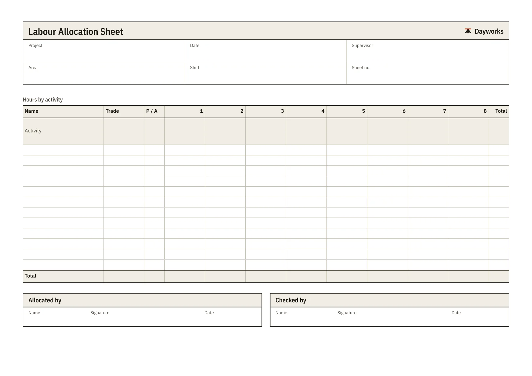 The first page of the blank labour allocation sheet template.