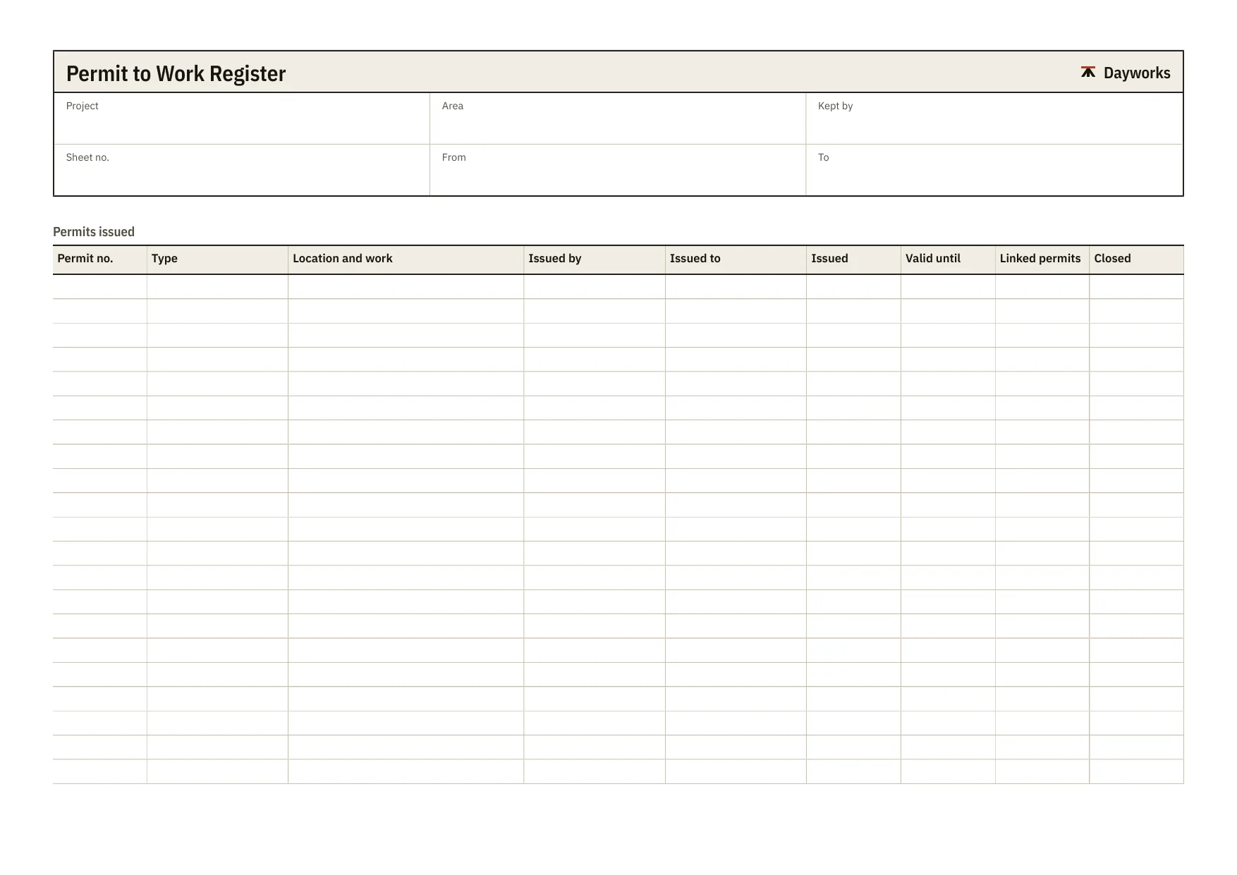 The blank permit to work register template.