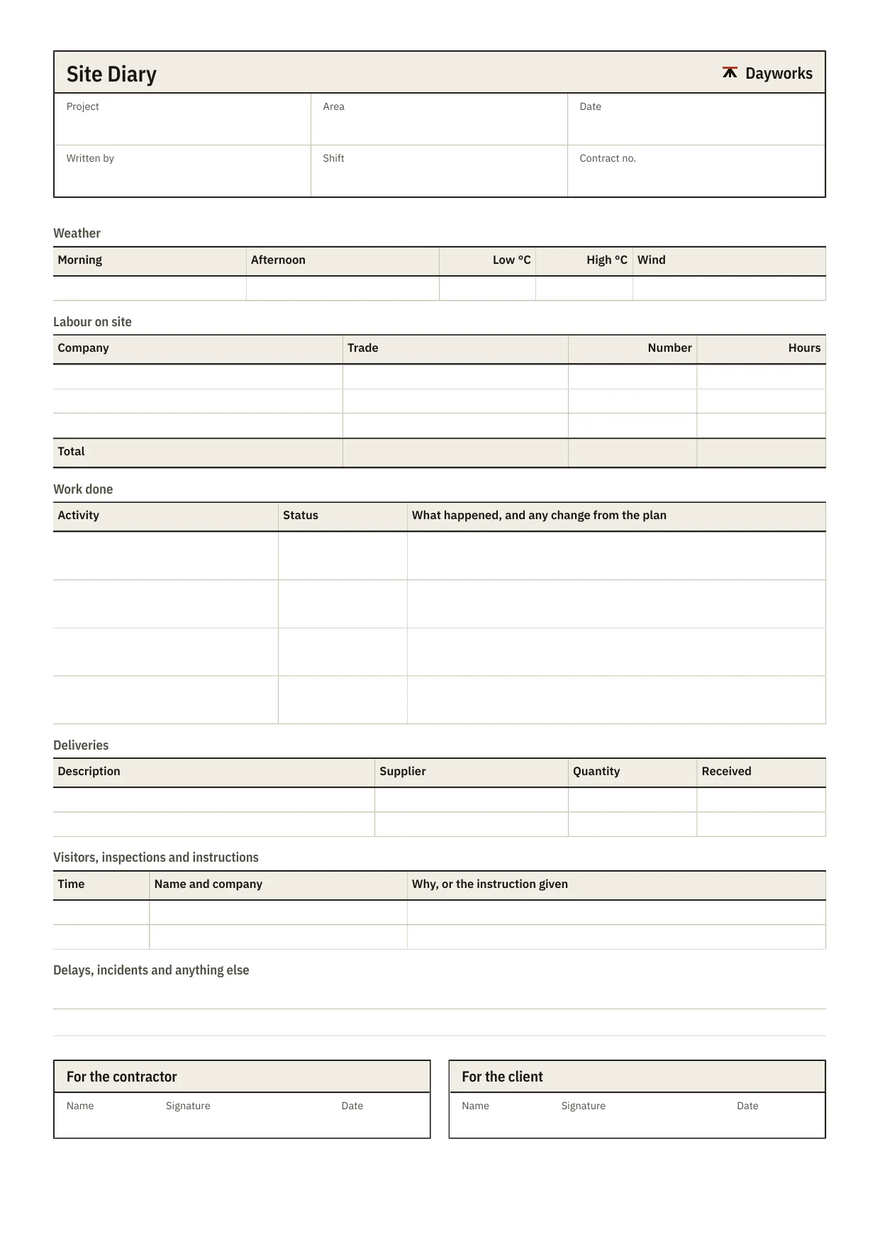 The blank site diary template.