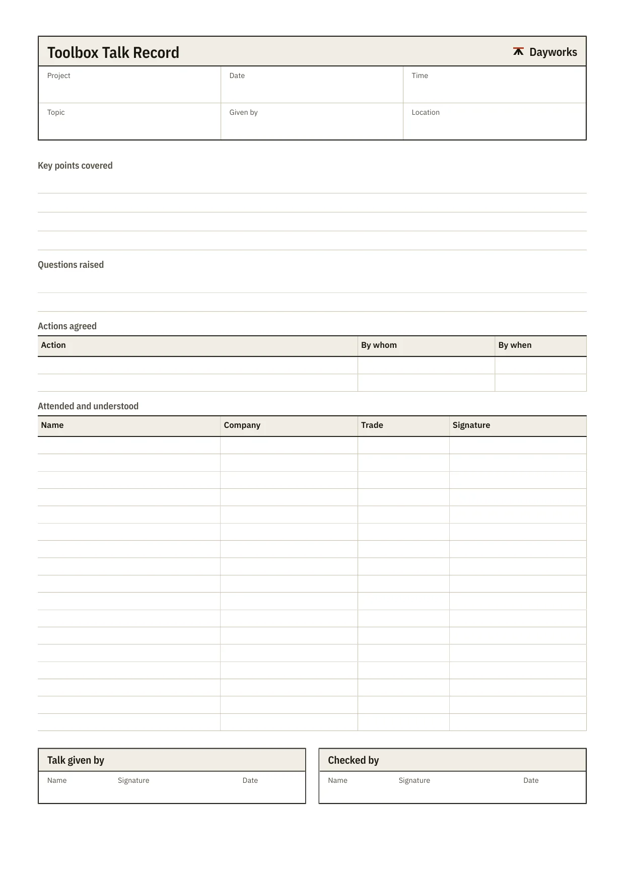 The blank toolbox talk record template.